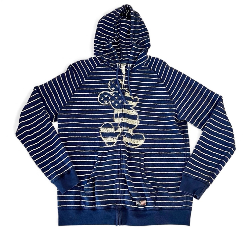 DISNEY PARKS Women’s Mickey Navy & White Striped Zip-Up Sweater Hoodie Sz Medium